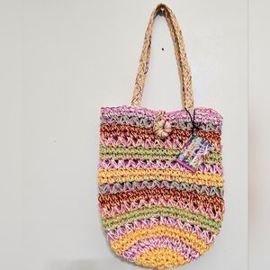 Colorful Coastal Beachy Straw Crochet Summer Handmade Boho Tote SUN N‎ SAND